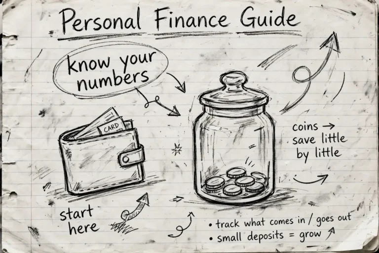 Hand-drawn pencil sketch for a personal finance guide showing a wallet, a savings jar and a small upward arrow on notebook paper