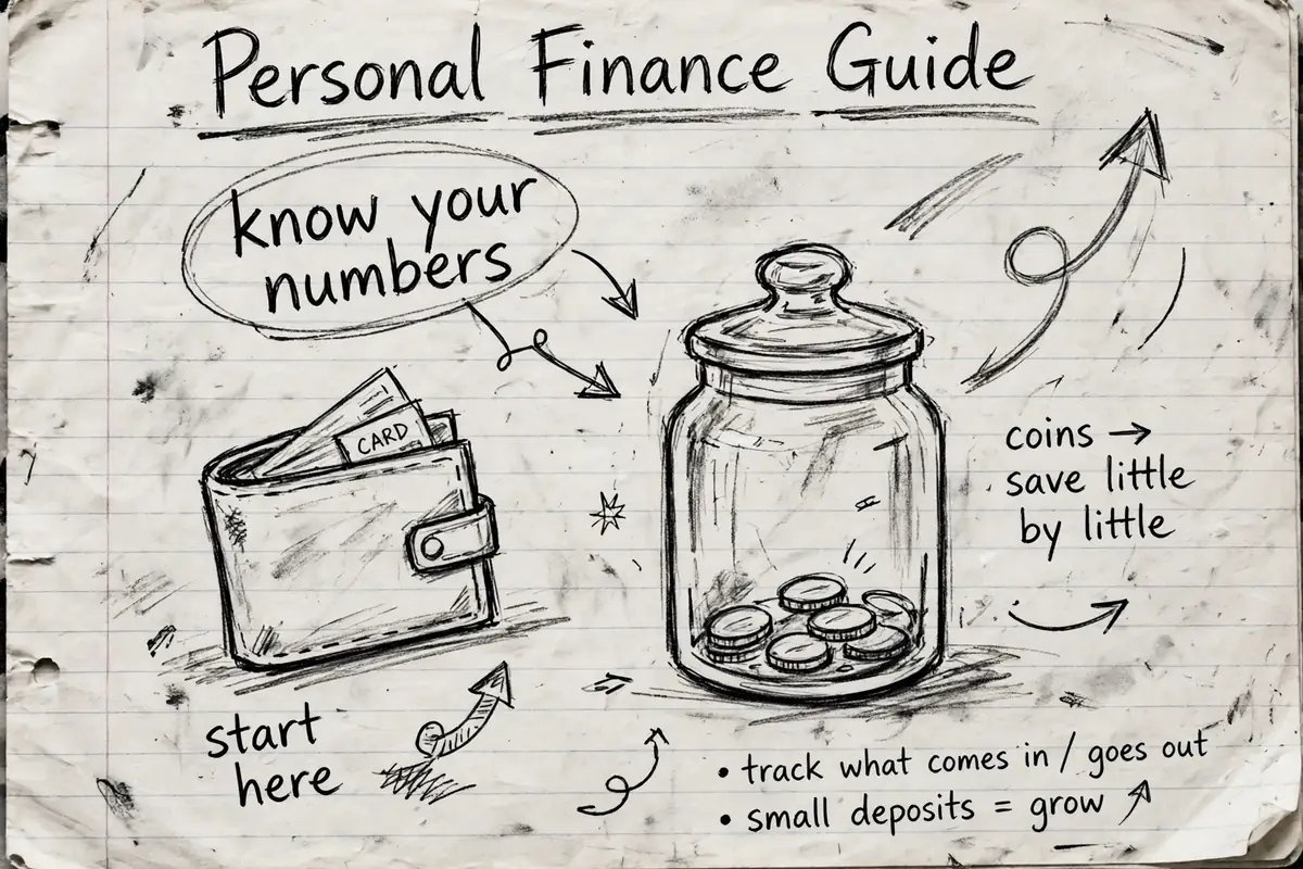 Hand-drawn pencil sketch for a personal finance guide showing a wallet, a savings jar and a small upward arrow on notebook paper