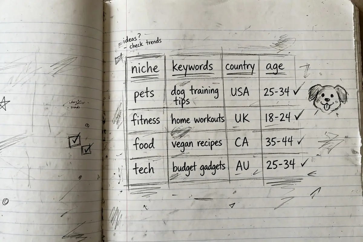 Pencil sketch of a research spreadsheet with columns for niche, targeting keywords, country and age, with a small dog doodled in the margin