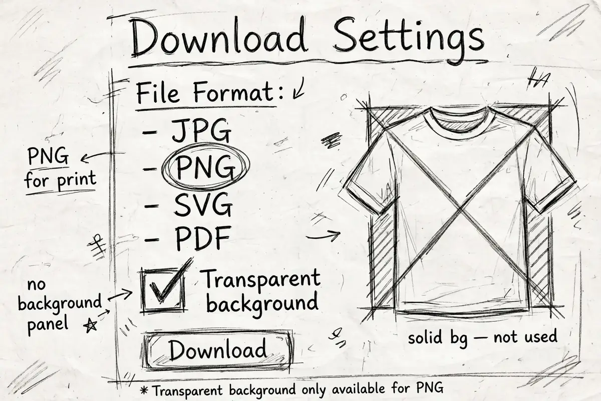 Pencil sketch of print on demand download settings in Canva, PNG file type selected and the transparent background box ticked, with handwritten reminders