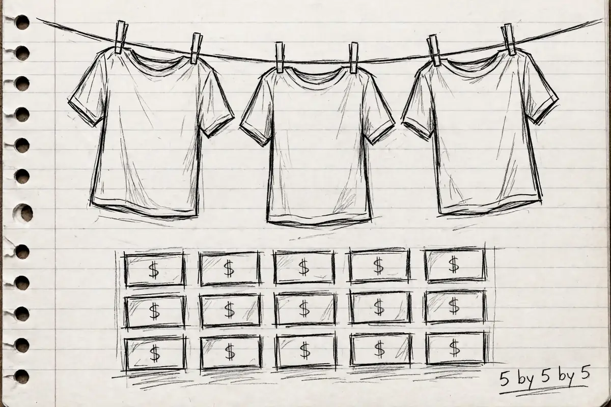 Pencil sketch of three t-shirt designs hanging in a row above a grid of fifteen small ad boxes with dollar signs and a handwritten 5 by 5 by 5 note
