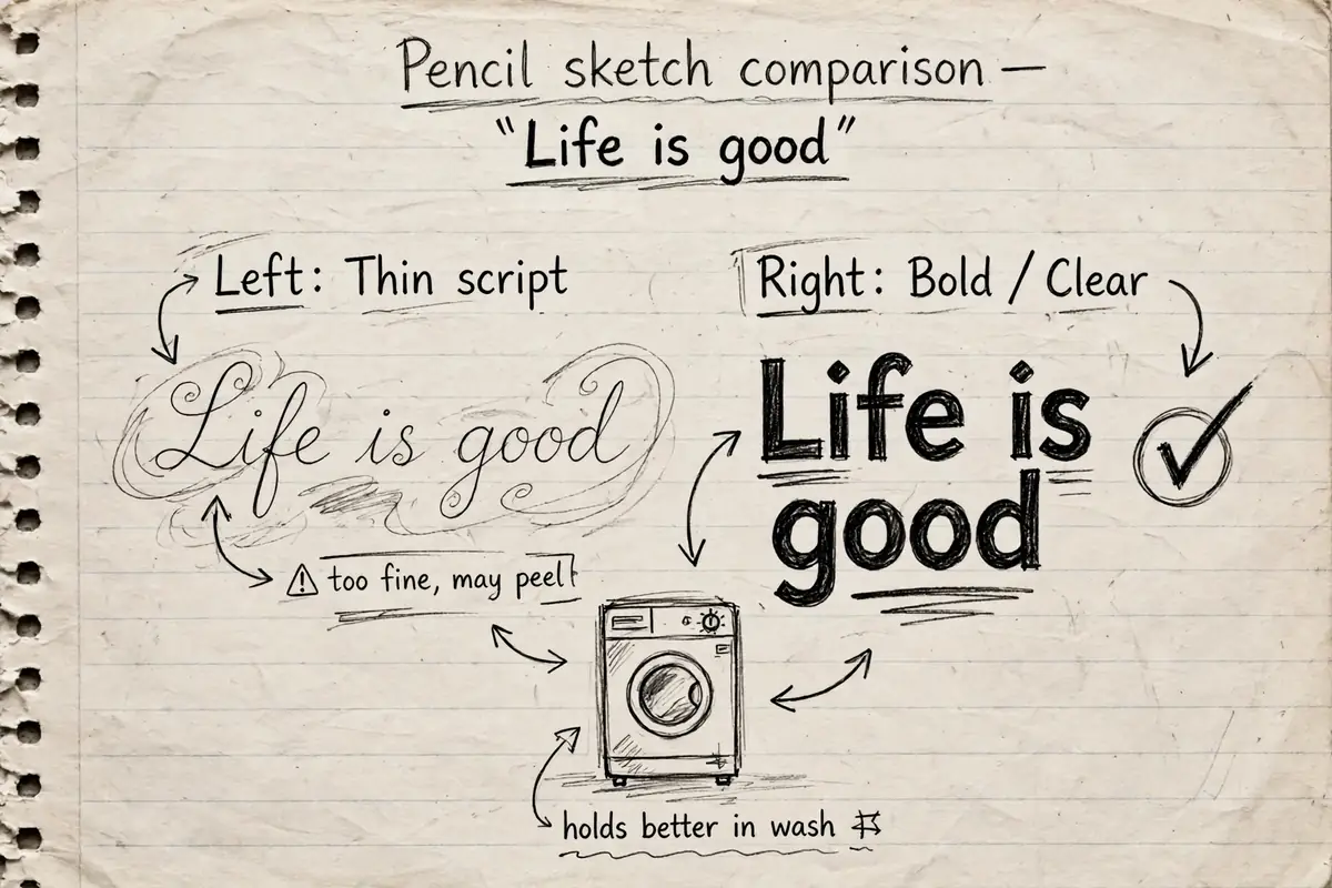 Pencil sketch comparing two print on demand phrases, one in a thin swirly script and one in a thick bold font, with a washing machine doodle and a note that fine lines can peel