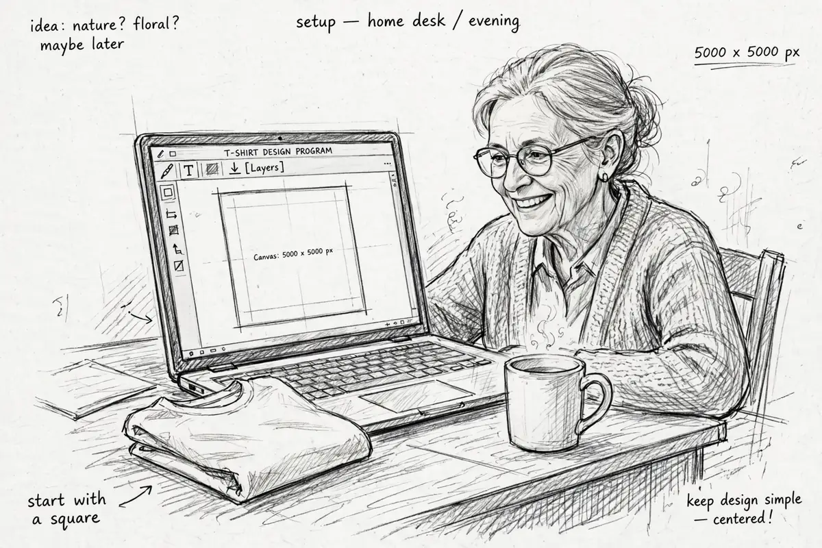 Pencil sketch of a retired woman at a desk making her first print on demand for retirees design in Canva, a large square canvas and a plain t-shirt beside her laptop