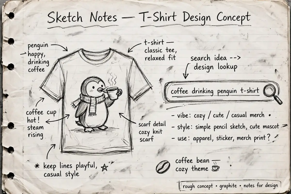 Notebook pencil sketch of a t-shirt with a penguin drinking coffee, next to a search bar reading coffee drinking penguin t-shirt