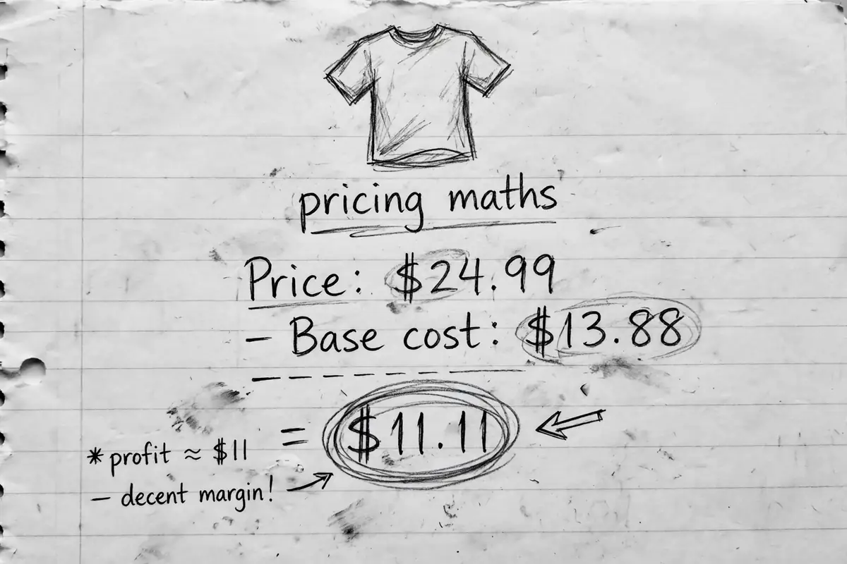 Pencil sketch of notebook pricing maths for a print on demand shirt, showing a $24.99 selling price, the base cost underneath, and about $11 circled as the profit per shirt