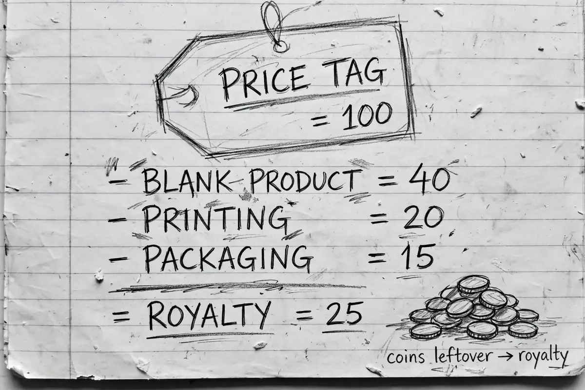 Pencil sketch of a price tag with product, printing and packaging costs subtracted, leaving a small pile of royalty coins