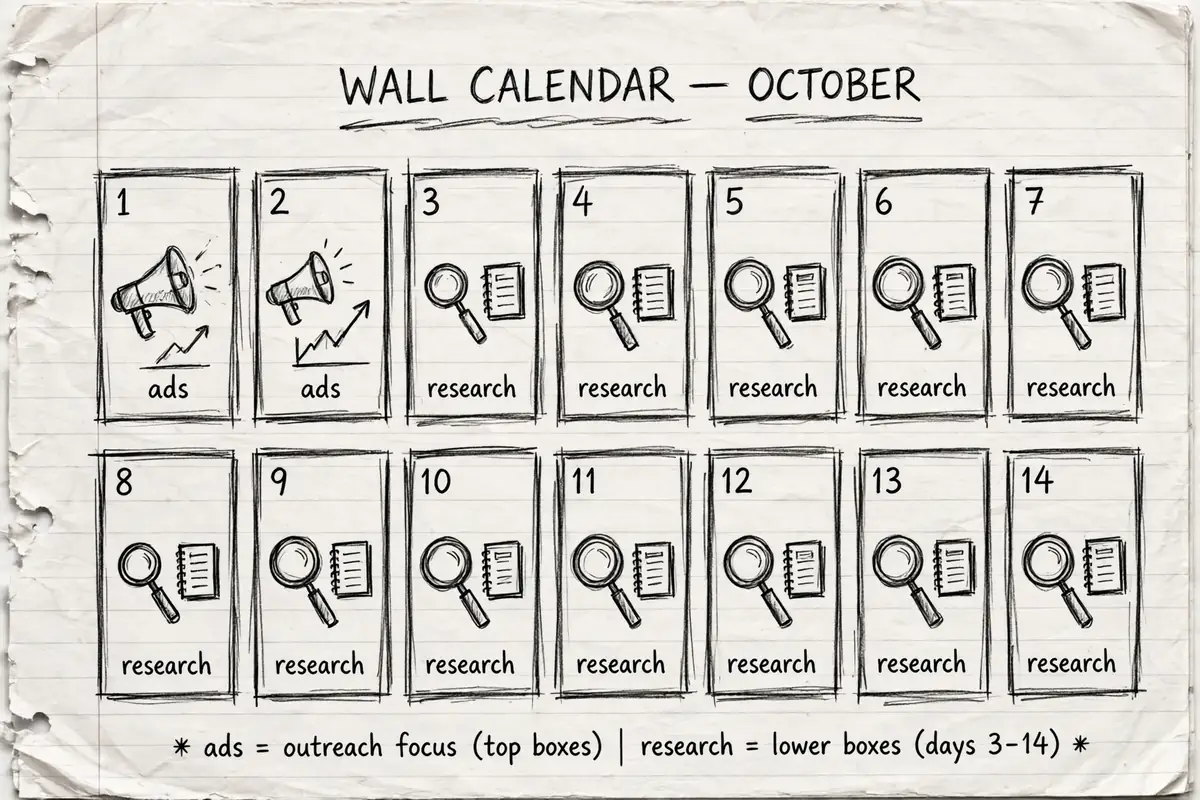 Pencil sketch of a hand drawn 14 day calendar laying out print on demand tips for beginners, with research filling the lower days and ad testing at the very top