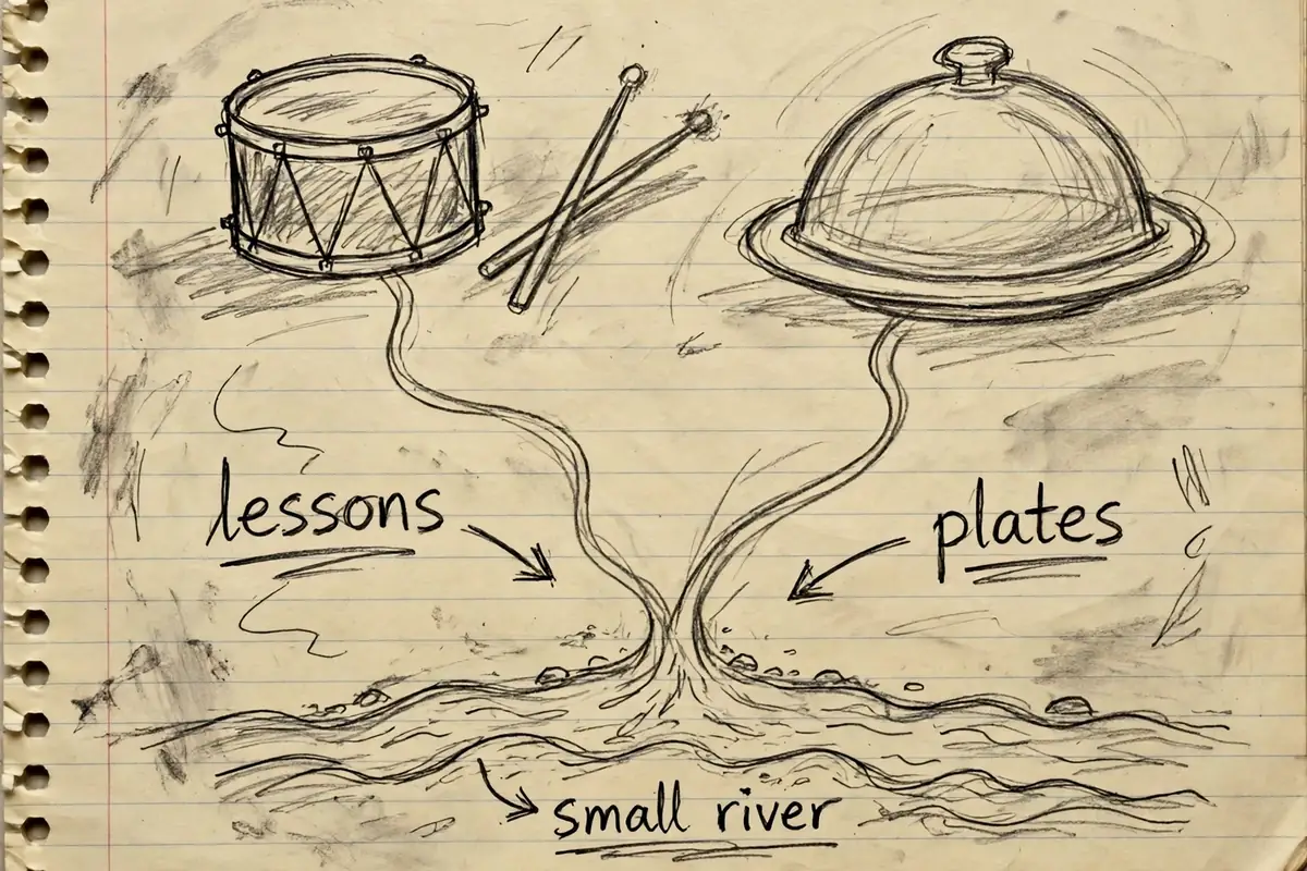 Hand-drawn pencil sketch of small side income ideas, drum lessons and home-cooked plates, adding a second stream of income