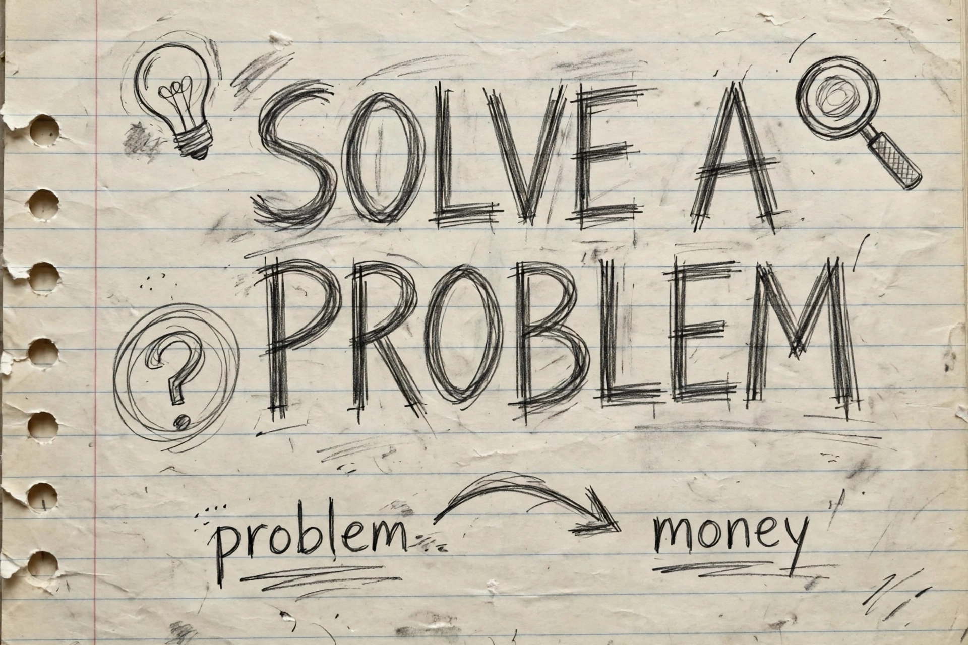 Hand-lettered pencil typography reading Solve a problem, with a lightbulb doodle and an arrow from the word problem to the word money