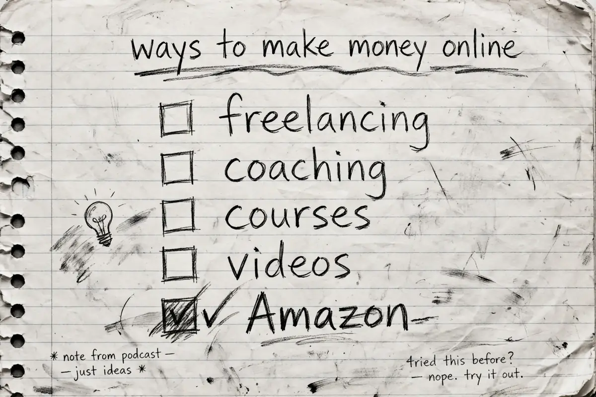 Hand-drawn pencil sketch of a handwritten list of ways to make money online, with rough checkboxes next to freelancing, coaching, courses, videos and selling on Amazon, and one box ticked twice