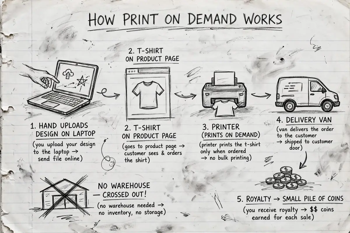 Hand-drawn pencil sketch showing what print on demand is, with a design upload, a t-shirt, a printer and a delivery van linked by arrows